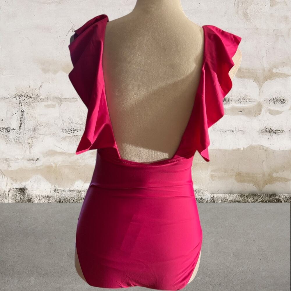 J. Crew Women's Pink Ruched Ruffle One-Piece Swimsuit Size 4 - Picture 4 of 6